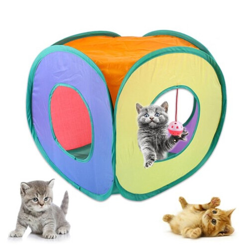 Cat Tunnel with Play Balls – Foldable Cat Cube Playhouse with Three-Sided Openings