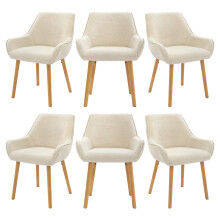(Cream, Set of 6) Chenille Dining Chairs with Armrests, Wooden Legs - GOEURVANT