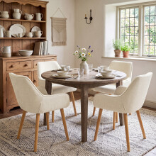 (Cream, Set of 4) Chenille Dining Chairs with Armrests, Wooden Legs - GOEURVANT