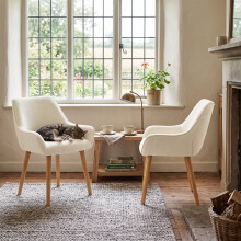(Cream, Set of 2) Chenille Dining Chairs with Armrests, Wooden Legs - GOEURVANT