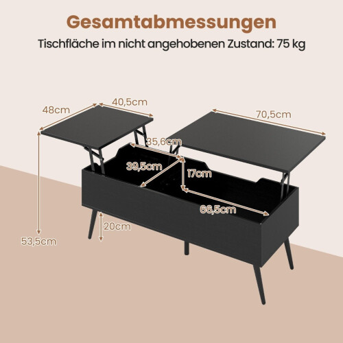 Mesa de centro elevable ajustable con almacenamiento oculto, color negro