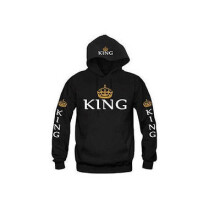 (Black King,L)Cotton Hooded Sweatshirt For Couples Printed King Queen Long Pullover Sleeve