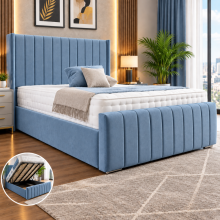 (Steel (with Mattress), 4ft6" Double (with Gaslift)) Luxury Velvet Bed Frame with 54" Wingback Panel Headboard, with Mattress & Gas Lift Option
