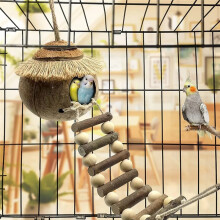 Coconut Bird Nest Hut with Ladder – Cozy Shelter for Parrots, Budgies & Cockatiels
