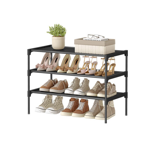3-Tier Shoe Rack - Metal Frame - Ink Black - Space-Saving Design with Fabric Shelves