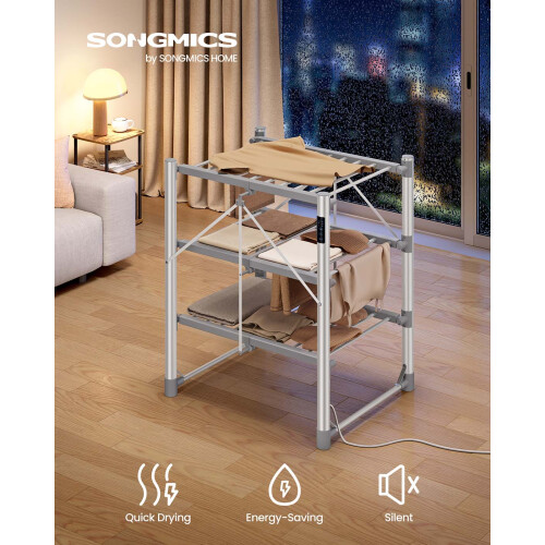 Heated Clothes Airer - Aluminium Alloy - Silver - Foldable with Fabric Cover and Control Panel 1
