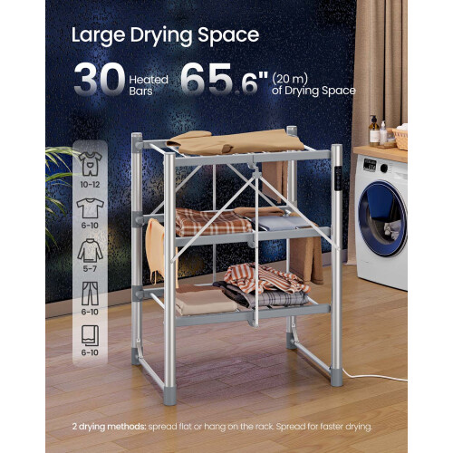 Heated Clothes Airer - Aluminium Alloy - Silver - Foldable with Fabric Cover and Control Panel 2