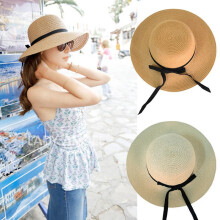 (Blanc, pack-3) Women's Summer Straw Hat - Wide Brim Beach Sun Hat Foldable Panama Hat with Bow Ribbon Sun Cap Beige