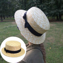 (Comme sur l'image, kids style) Women's Straw Hat Bow Knot Flat Top Sun Hat Wide Brim Beach Hat for Ladies Kids Girls Beige
