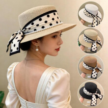(Blanc, pack-4) French Pearl Polka Dot Straw Hat for Women Elegant Panama Cowboy Style Wide Brim Sun Hat Beach Travel Visor Cap