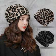 (Kaki) Women Leopard Knit Hat - Warm Vintage Dual-Use Beanie Snood Windproof Pullover for Riding
