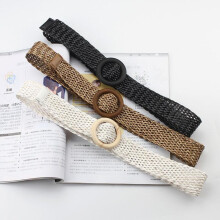 (Comme sur l'image, pack-5) Women's Summer Braided Wide Belt Straw Woven Waistband with Wooden Round Buckle