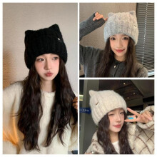 (Noir) Women Cartoon Cat Ear Knit Beanie Winter Thick Fleece Warm Snow Ski Hat Solid Color Windproof Cold Weather Cap