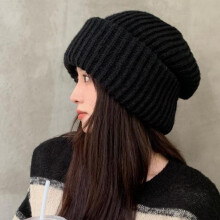 (Noir) Winter Warm Knit Beanie Women Korean Hip Hop Loose Wool Hat Soft Thick Black One Size 1 Pack