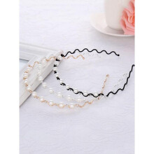 (Argenté, pack-1) Metal Rhinestone Pearl Headband for Women Thin Wavy Non-Slip Hair Hoop Gold Silver Hair Accessory