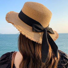 (Comme sur l'image, Color 2) Flat Top Straw Hat for Women Sun Protection Summer Beach Hat Wide Brim Bucket Hat Korean Style Sun Hat Beige Adjustable