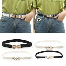 (Noir, style 1) Women's Black Thin Elastic Belt - Pearl Decor Stretch Waistband for Dresses Skirts Fashion Accessory