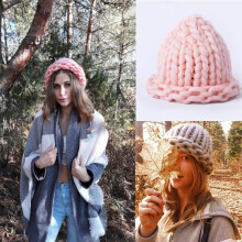 (Abricot) Women's Wool Winter Hat Handmade Chunky Knit Beanie Warm Winter Cap One Size