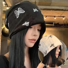 (Beige) Butterfly Print Beanie Hat Women Slouchy Korean Japanese Streetwear Skull Cap Warm Knit Bonnet