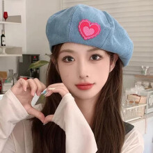 (Bleu naval) Women's Pink Denim Beret Hat - Heart Love Octagonal Cap Soft Artist Painter Hat Korean Sweet Style Solid Cotton - One Size