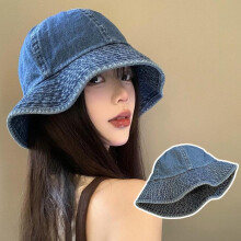 (Bleu naval) Korean Denim Bucket Hat for Women, Vintage Wide Brim Fisherman Sun Hat, Solid Color Outdoor UV Protection, JK Girls Cowboy Cap