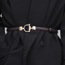 (Chameau, pack-5) Women's Gold Round Buckle Belt - Fashion Thin PU Leather Waistband Coffee Camel Black for Dress Suit