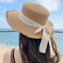 (Comme sur l'image, Color 4) Flat Top Straw Hat for Women Sun Protection Summer Beach Hat Wide Brim Bucket Hat Korean Style Sun Hat Beige Adjustable
