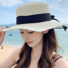 (Comme sur l'image, Color 4) Flat Top Straw Hat for Women Sun Protection Summer Beach Hat Wide Brim Bucket Hat Korean Style Sun Hat Beige Adjustable
