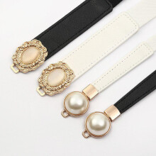 (Blanc, style 1) Women's Black Thin Elastic Belt - Pearl Decor Stretch Waistband for Dresses Skirts Fashion Accessory