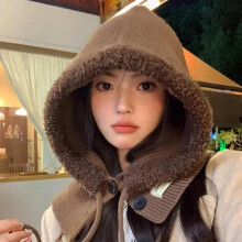 (Beige) Women Vintage Knitted Wool Balaclava Hat Solid Color Ear Warmer Hooded Neck Gaiter Korean Windproof One Piece Scarf for Girls