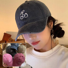 (Kaki) Cherry Embroidered Baseball Cap for Women Girls Long Brim Snapback Hat Washed Cotton Adjustable Outdoor Sun Visor
