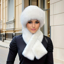 (Abricot, 1set) Women's Faux Fur Hat and Scarf Set 2 Piece Thick Warm Winter Knit Beanie with Ear Flaps Mongolian Style Snap Closure