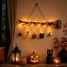 Leuchtender Halloween-Hexenbesen als Wandbehang, festlicher Kürbis-Geisteranhänger, Wanddekoration für drinnen und draußen