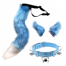 Faux Fur Cat Ears Headband Furry Wolf Fox Long Tail Costume Halloween Party Neck Choker Cosplay SetBlue