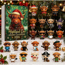 Adventskalender mit Hochlandrindern 2026, niedliches 24-teiliges Set mit 2D-Hochlandrind-Anhängern, Weihnachts-Countdown-Überraschungsset, festliche
