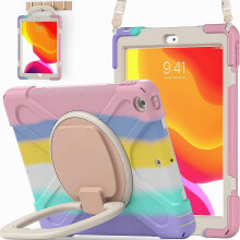 Compatibel met hoes (iPad 10.2 inch Rugged Case 2021/2020/2019) met schermbeschermer (kleurrijk roze), draaibare standaard/penhouder/draagschouder.