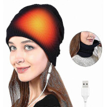 USB-verwarmde gebreide muts en nekwarmer set, winter warme fleece muts, verwarmingscirkel, lus sjaal_m24