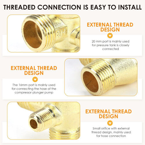 3Way Brass Air Compressor Check Valve with Male Thread 20 x 16 x 10 mm, Replacement Part for Compressor 1
