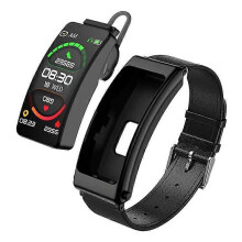 (Black) K13 2-in-1 1.14-inch Smart Watch Bluetooth Earphone Sports Bracelet, Leather Strap