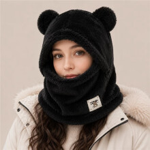 (Black) 2pcs Warm Lined Hooded Hat | Women's 1pc Cute Cycling Balaclava | Autumn/Winter Fashion Outdoor