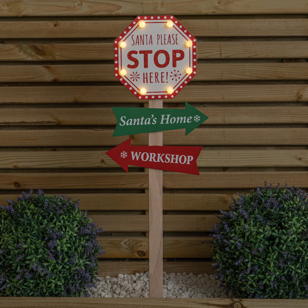 Samuel Alexander Unisex Multicolor 75Cm Light Up Wooden Santa Stop Here Christmas Sign With White Leds - Image 4