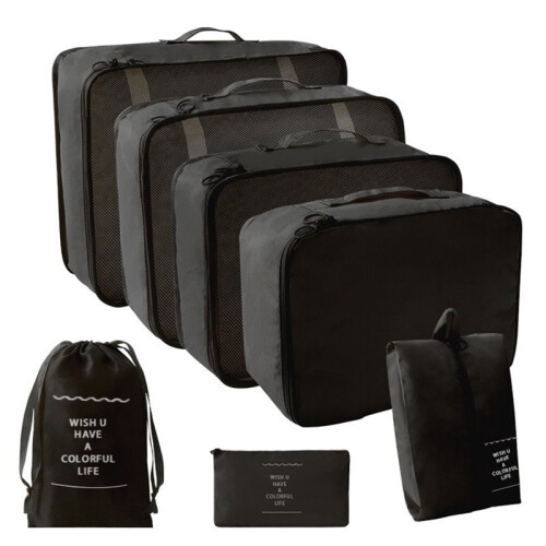 7pcs Set Portable Luggage Travel Storage Bags for Efficient Clothes Sorting Black