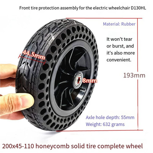 2X Conjunto de Pneu Sólido Tipo Colmeia de 8 Polegadas com Cubo de Roda 200X45-110 para Scooter Elétrica e Cadeira de Rodas. Não Inflar. Diâmetro 2