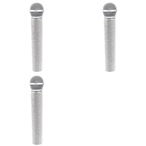 3X Sparkly Rhinestone Simulation Microphone Props Fake Microphone for Home Bar Ornaments Singing Practice Silver