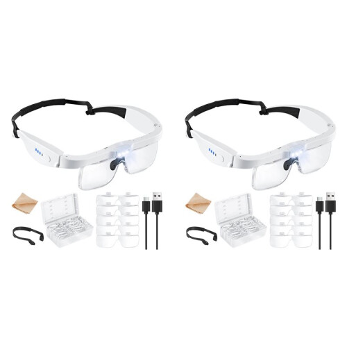 2Conjunto Lupa com Luz, Lupa com 5 Lentes de 0,75-4,0X e 3 Luzes LED, Lupa de Cabeça