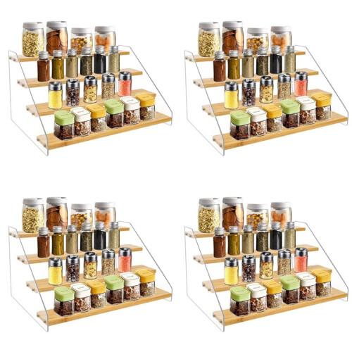 4pcs 12In Spice Rack Organizer for Cabinet - Wooden 4Tier Display Stand -Space Saving Display Shelf Riser