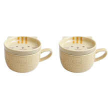 2X Cute Japanese Cartoon Cat Coffee Cup with Lid - Ceramic Breakfast Milk Cup for Couples,for Home and Office Use B