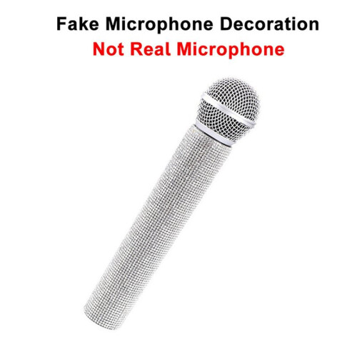 3X Sparkly Rhinestone Simulation Microphone Props Fake Microphone for Home Bar Ornaments Singing Practice Silver 2