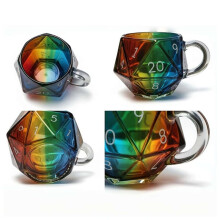 2X Rainbow D20 Dice Mug, 20-Sided Polyhedral Glass Gaming Mug, Heat-Resistant Transparent Coffee Cup
