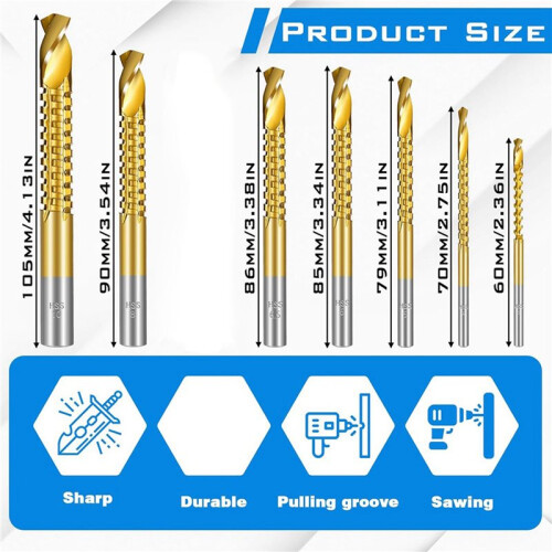 14PCS Titanium Coated HSS Twist Drill Bits, 3-10mm Serrated Side Cutting Drill Bit,Hex Shank Serrated Cutting Drill Bits